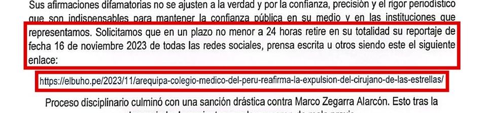 Marco Zegarra Alarcón: Colegio Médico solicita retirar en 24 horas el reportaje de El Búho del 16 de noviembre 2023