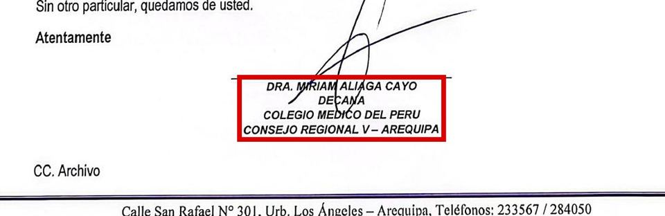 Marco Zegarra Alarcón: firma de la decana Miriam Aliaga Cayo del Colegio Médico del Perú Consejo Regional V Arequipa