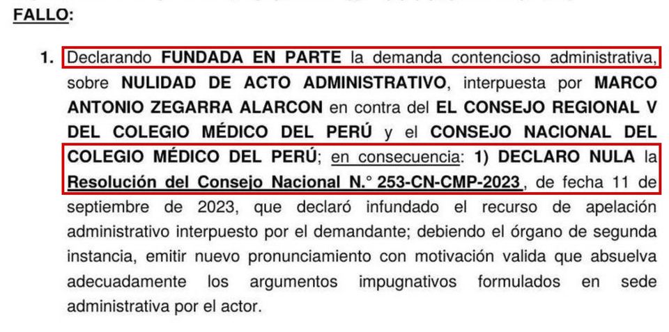 Marco Zegarra Alarcón: fallo fundada en parte la demanda, declaro nula la Resolución 253-CN-CMP-2023 del Colegio Médico